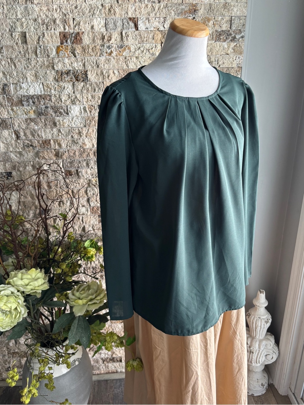 SHEIN Forest Green Pleated Neck Long Sleeve Blouse